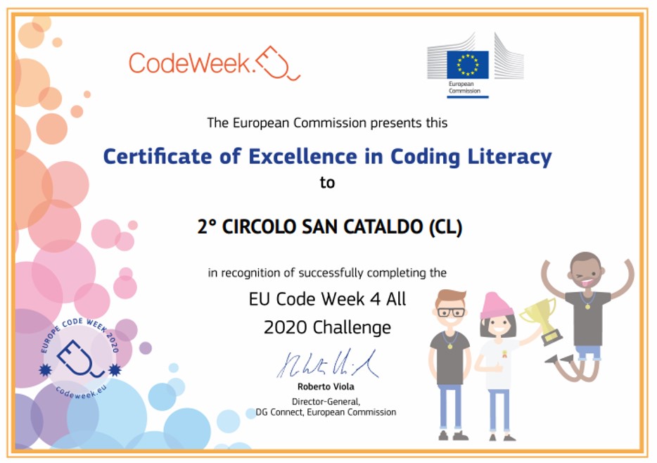 Attestato di Eccellenza 2° Circolo per la partecipazione a CODE WEEK EU 2020